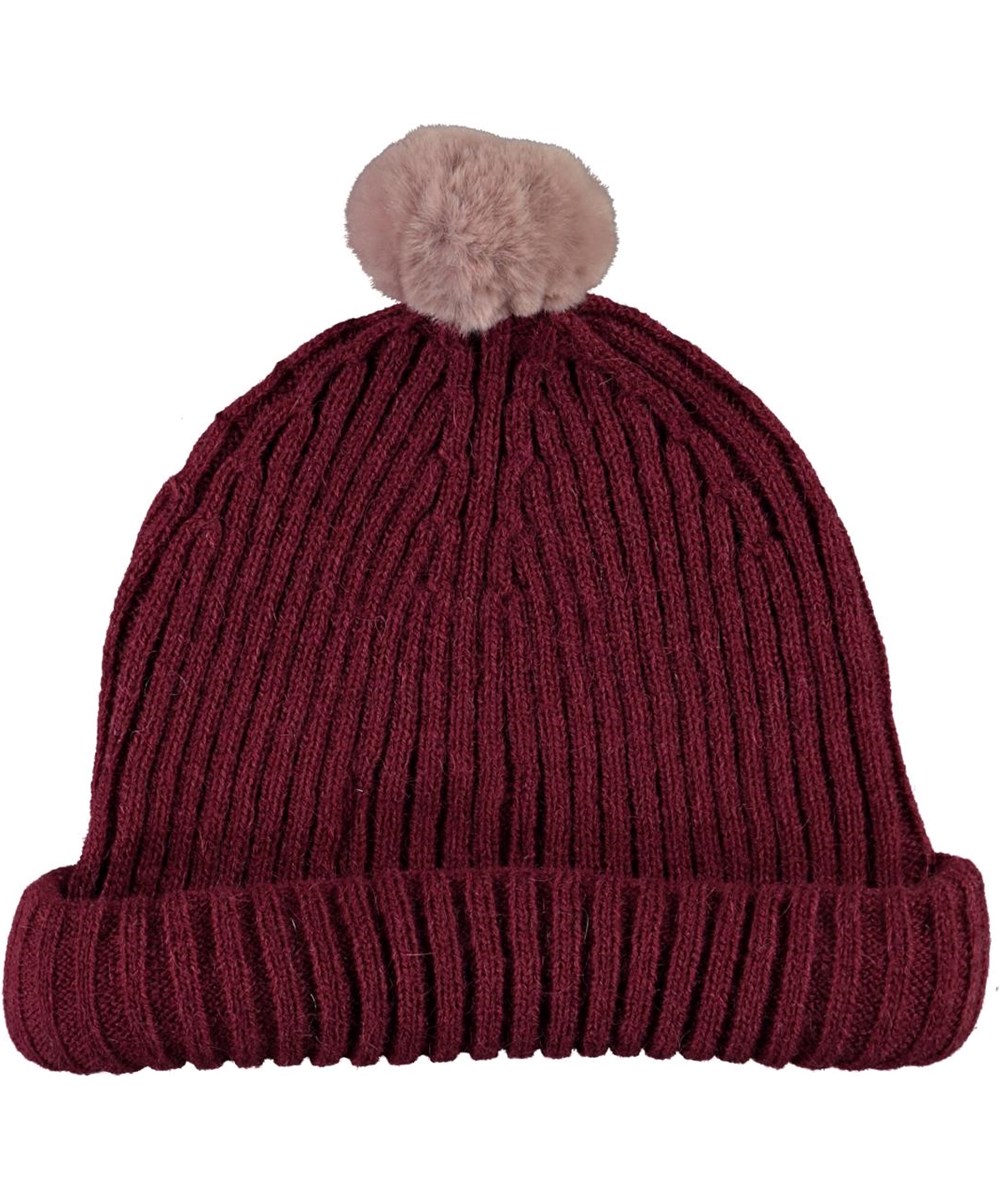 Kikki - Rosewood - Donkerrode gebreide muts met een imitatiebont pompom