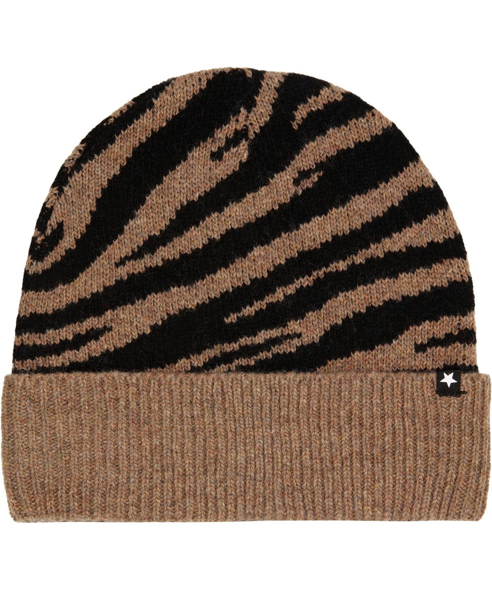 Kipp - Zebra Knit - Zwarte en lichtbruine gebreide muts voor kinderen van een zachte wolmix.