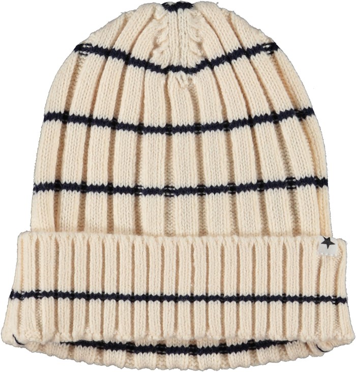 Kitt - Cloud Stripe - Gebreide baby ribmuts in beige met smalle blauwe streepjes