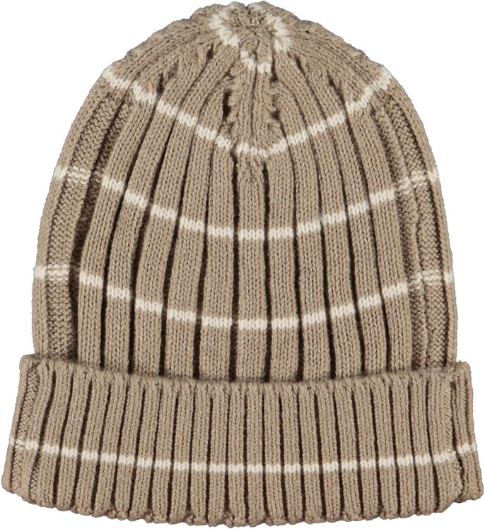 Kitt - Ridge Stripe - Gebreide baby ribmuts in donkerbeige met smalle witte streepjes
