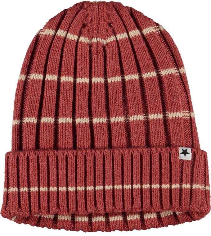 Kitt - Rosy Stripe - Gebreide baby ribmuts in rood met smalle beige streepjes