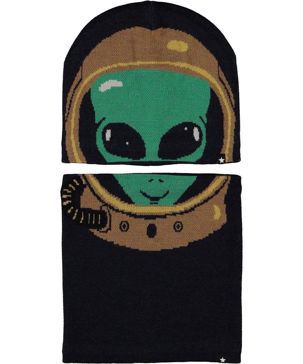 Kleo - Alien - Zwarte muts en halswarmer met alien-print