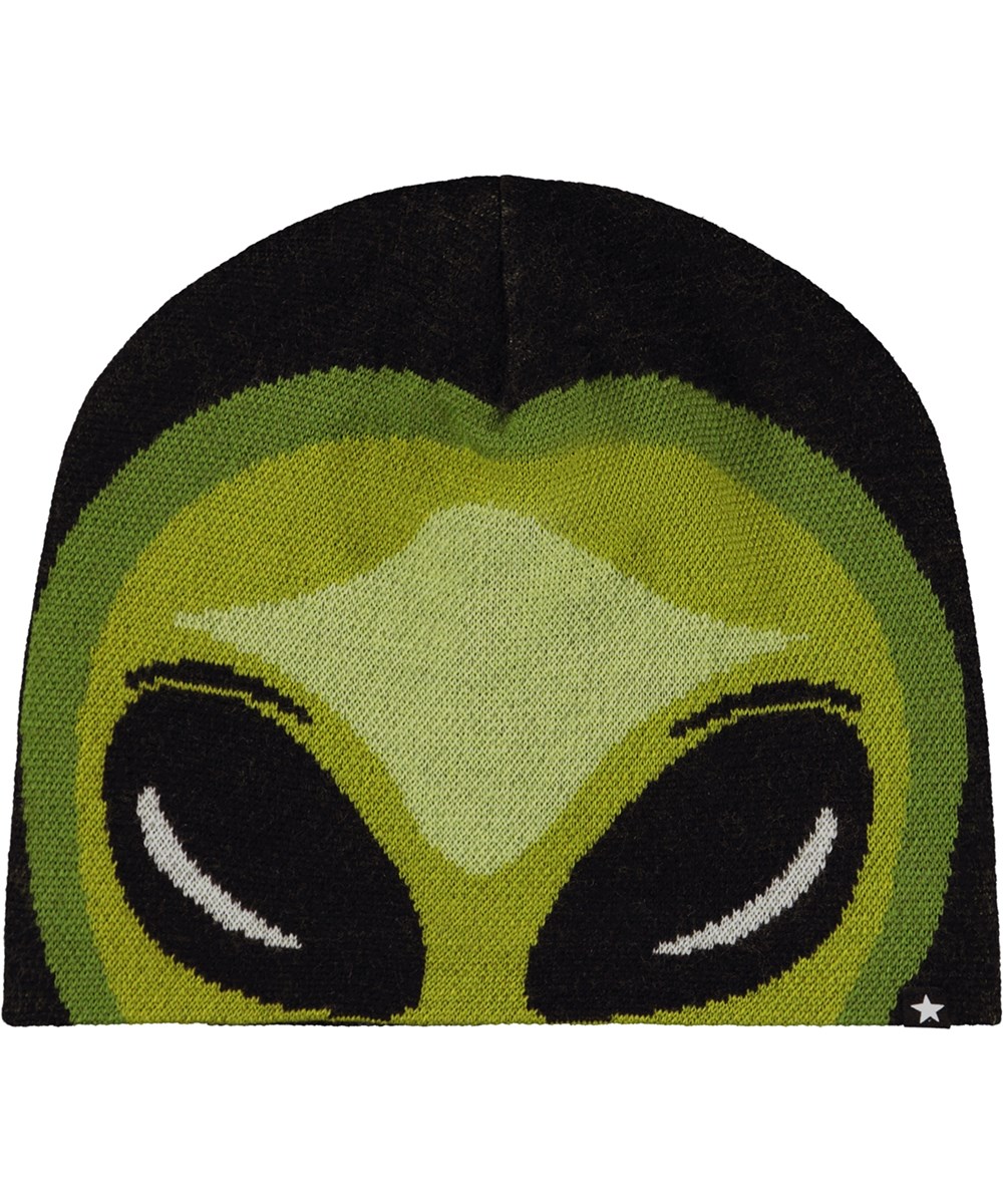 Kleo - Alien Face - Zwarte muts en kolsjaal voor kinderen in een wolmix met alien motief.