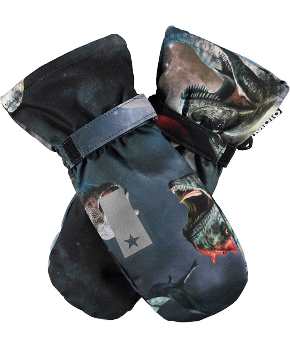 Mitzy - Dino In Space - Donkerblauwe, waterdichte en ademende wanten voor kinderen met dinosaurusprint en isolatie van 3M™ Thinsulate™.