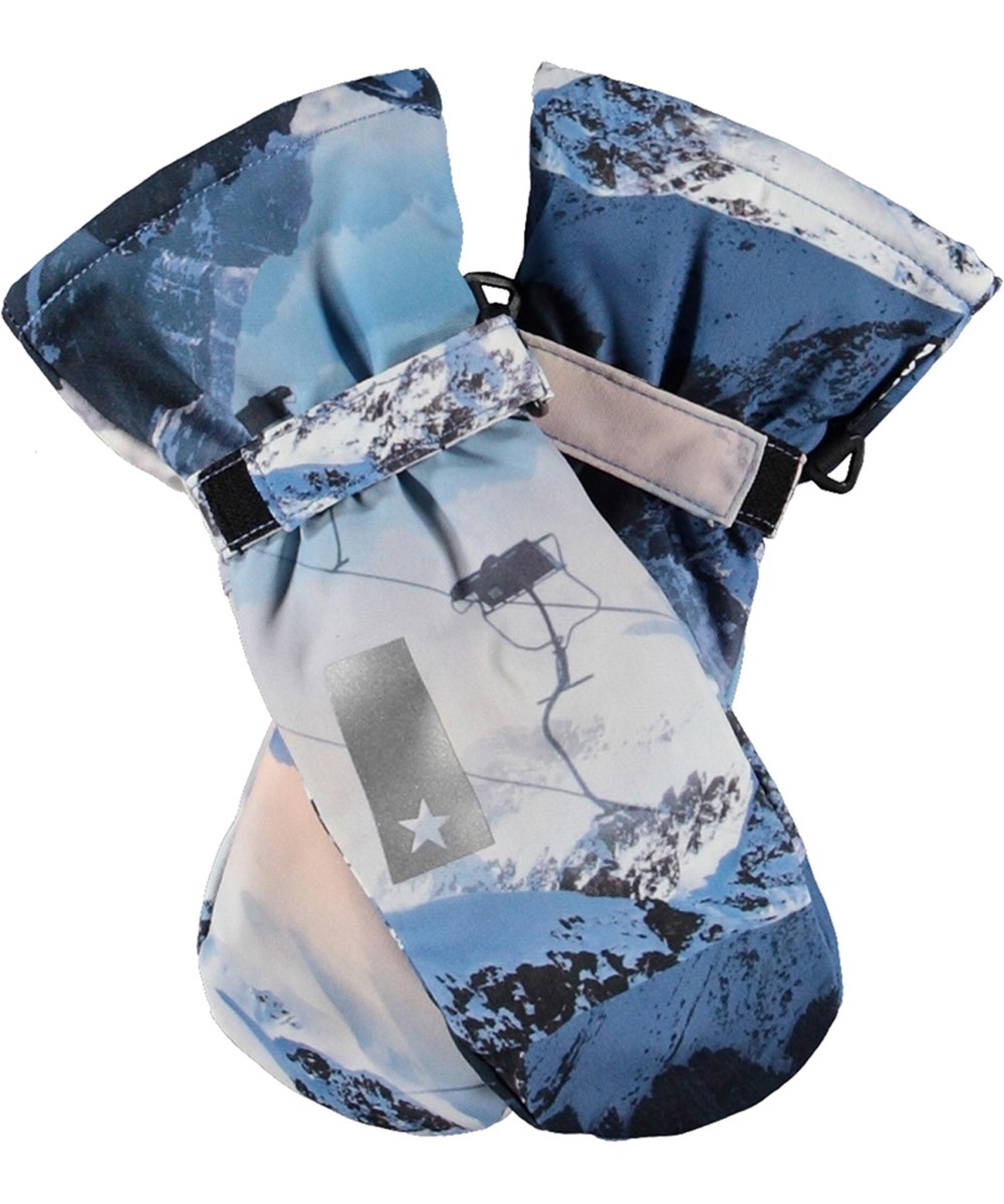 Mitzy - Mountain High - Blauwe, waterdichte en ademende wanten voor kinderen met een berglandschap print en 3M™ Thinsulate™ isolatie.