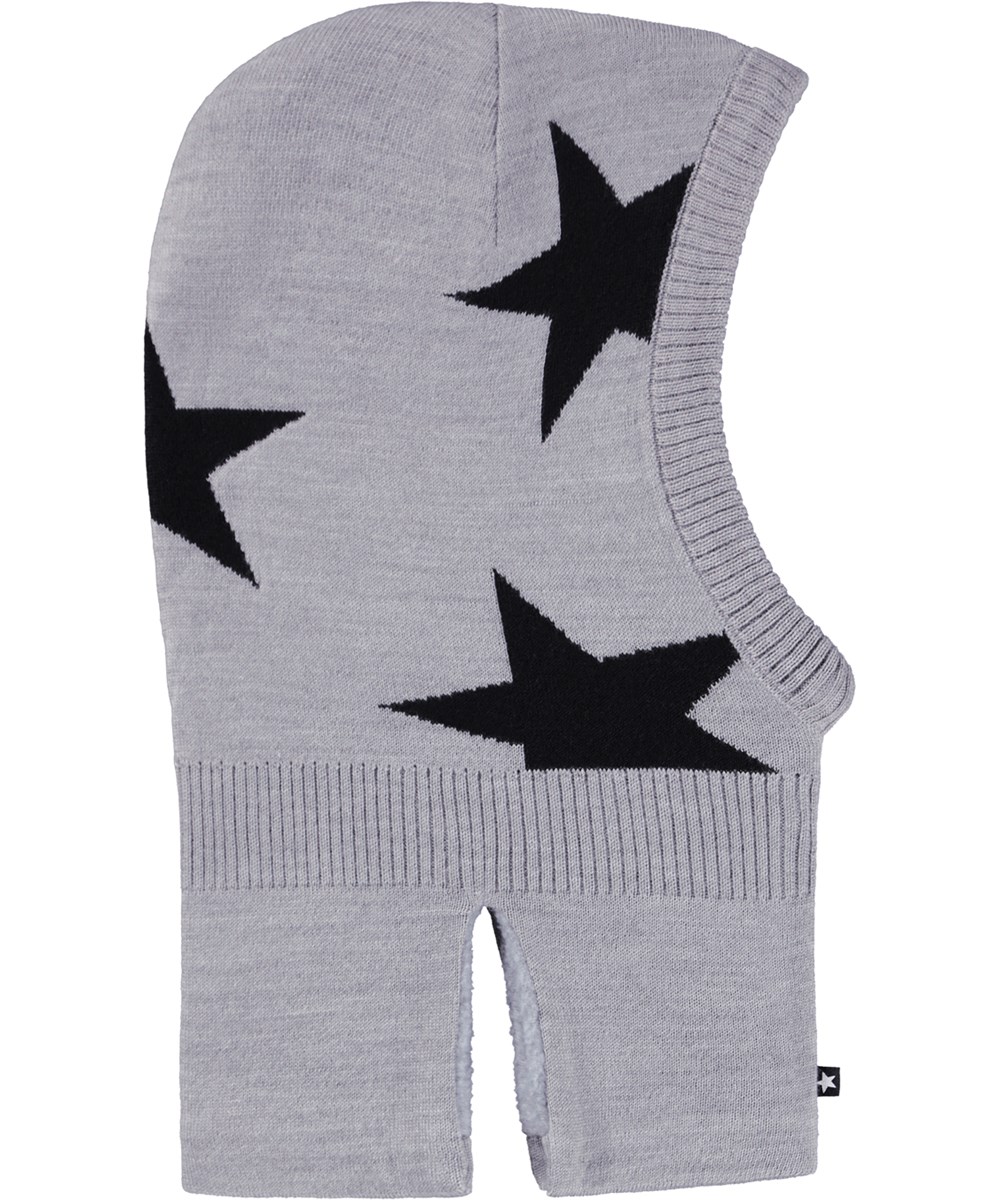Snow - Grey Melange - Grijze bivakmuts voor kinderen met zwarte ingebreide sterren.