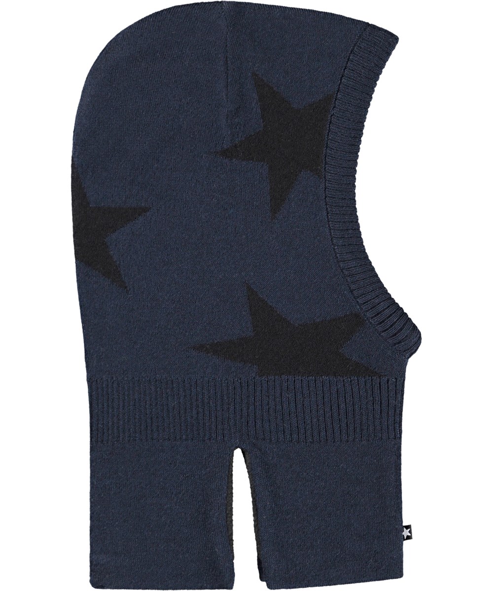 Snow - Night Navy - Donkerblauwe bivakmuts voor kinderen met zwarte ingebreide sterren.