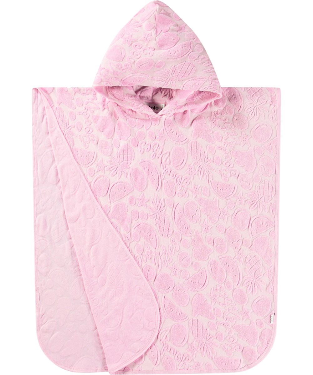 Beach Cover Up - Fruity Towelling - Roze kinderponcho met capuchon voor naar het strand van zacht katoenen badstof met een patroon van exotisch fruit.