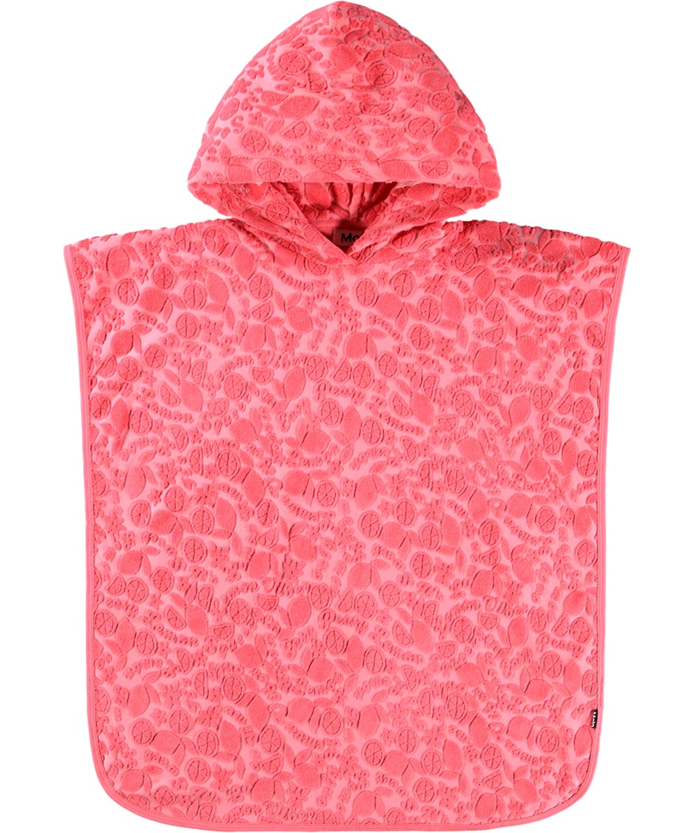 Beach Cover Up - Lemon Quotes - Roze badponcho voor kinderen met citruspatroon en capuchon gemaakt van biologisch katoenen badstof.