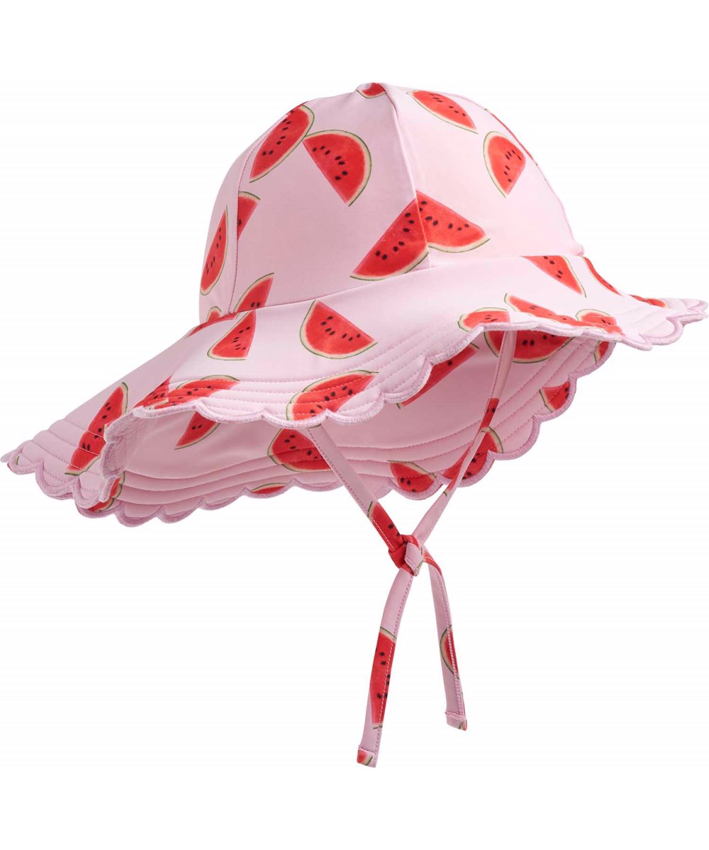 Nuka - Melon Pink - Elastische zonnehoed voor kinderen van gerecycled polyester met UV-bescherming 50+.