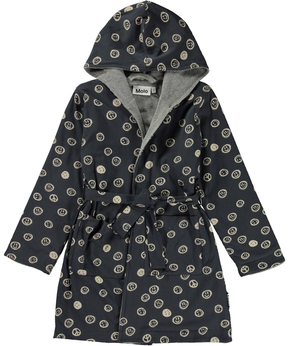 Wave - Happy Blue - Blauwe badjas met een print van peace tekens en smiley’s