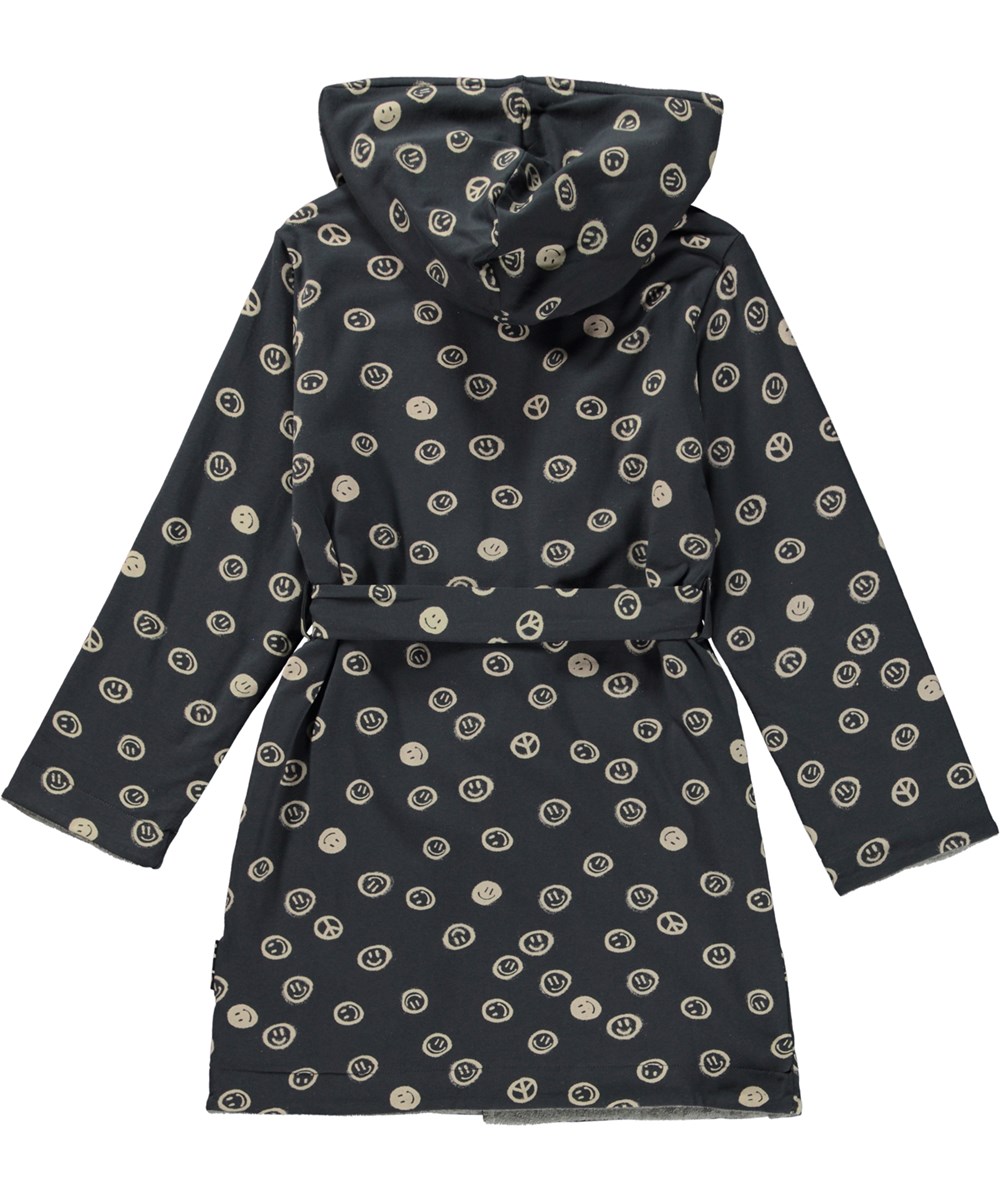 Wave - Happy Blue - Blauwe badjas met een print van peace tekens en smiley’s