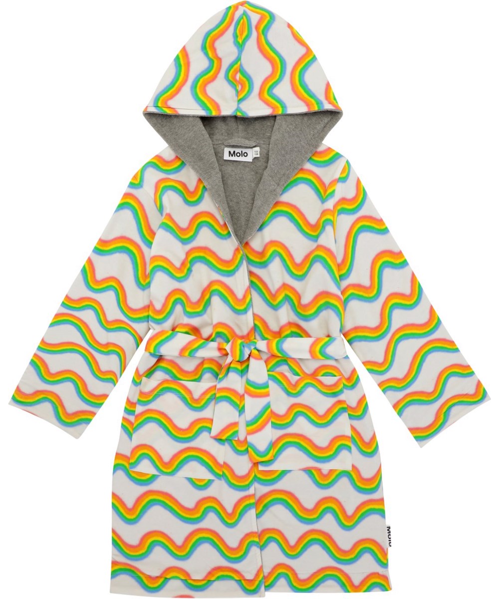 Wave - Rainsbows Grey - Zachte badjas in biologische katoenen badstof met een regenboogprint