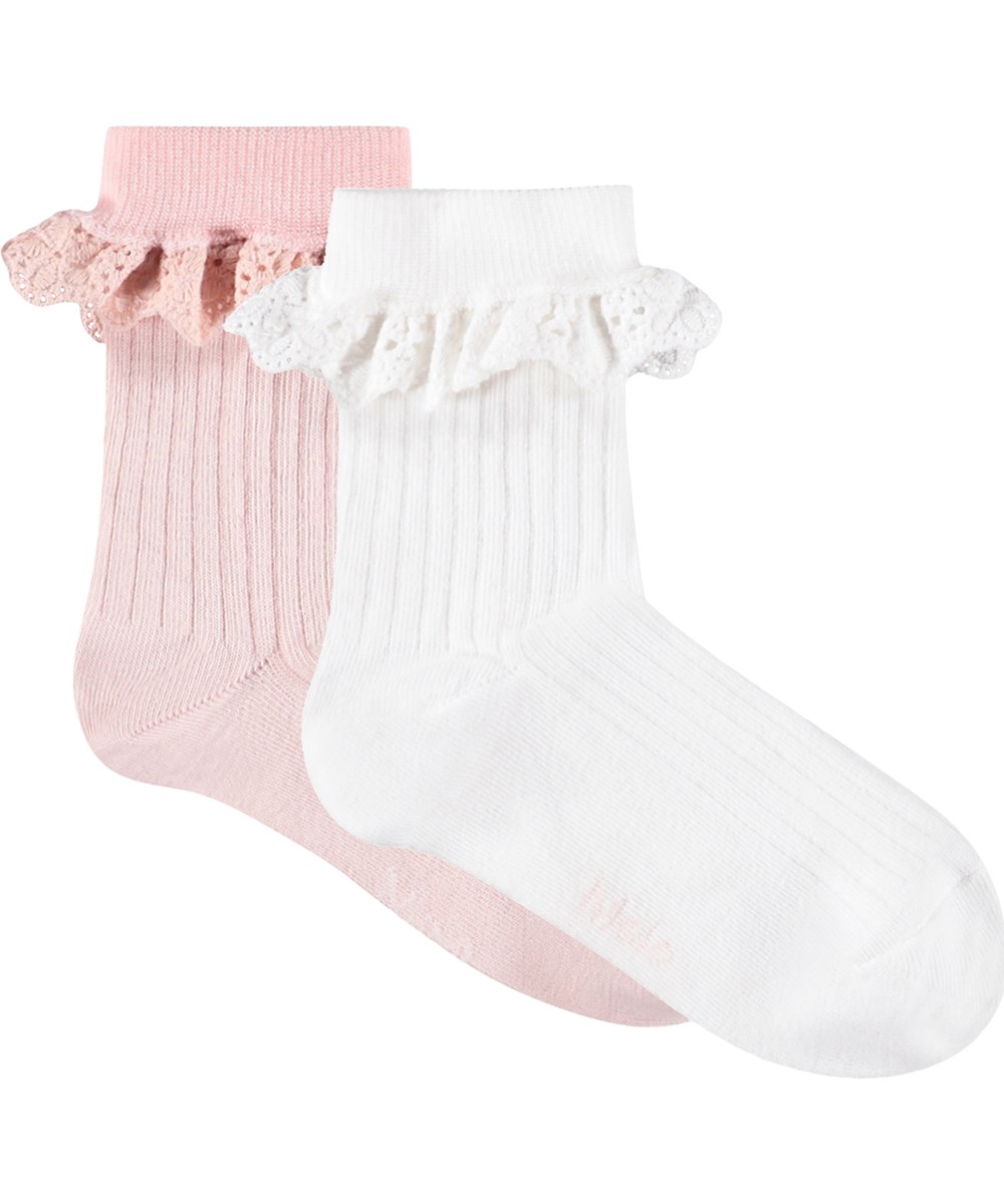 Nana - Daylight Pink - 2-pack kindersokken van roze en witte katoen met kant