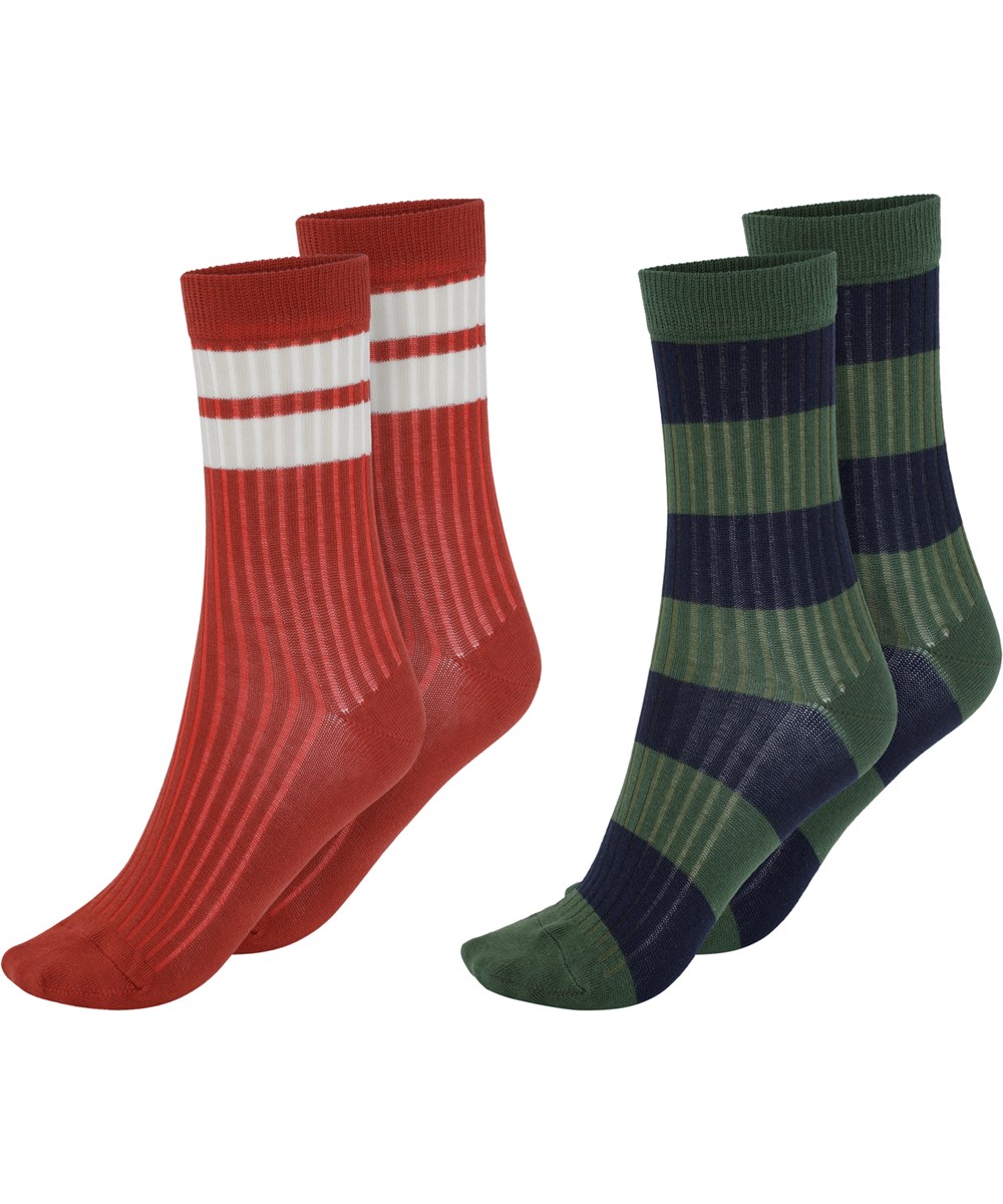 Nickey - Eden - Twee paar sokken met strepen rood, groen, blauw