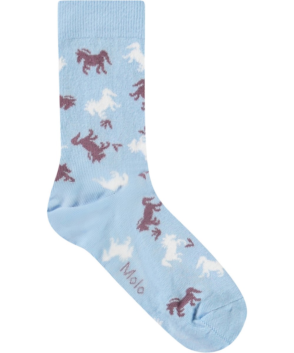 Nomi - Charlotte Pink - Duopak kindersokken in lichtpaars met glitters en lichtblauw. De sokken hebben een paardenprint.