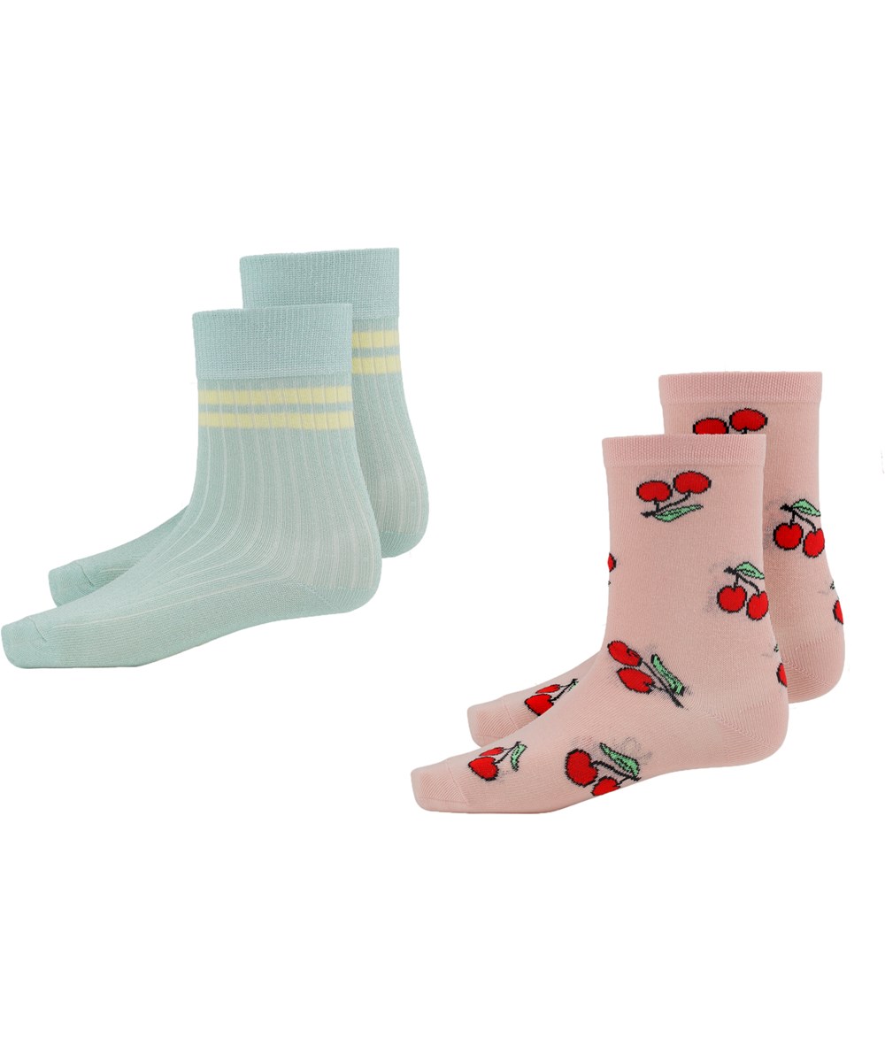 Nomi - Powder - Twee paar Oeko-Tex sokken in blauw en roze met kersen