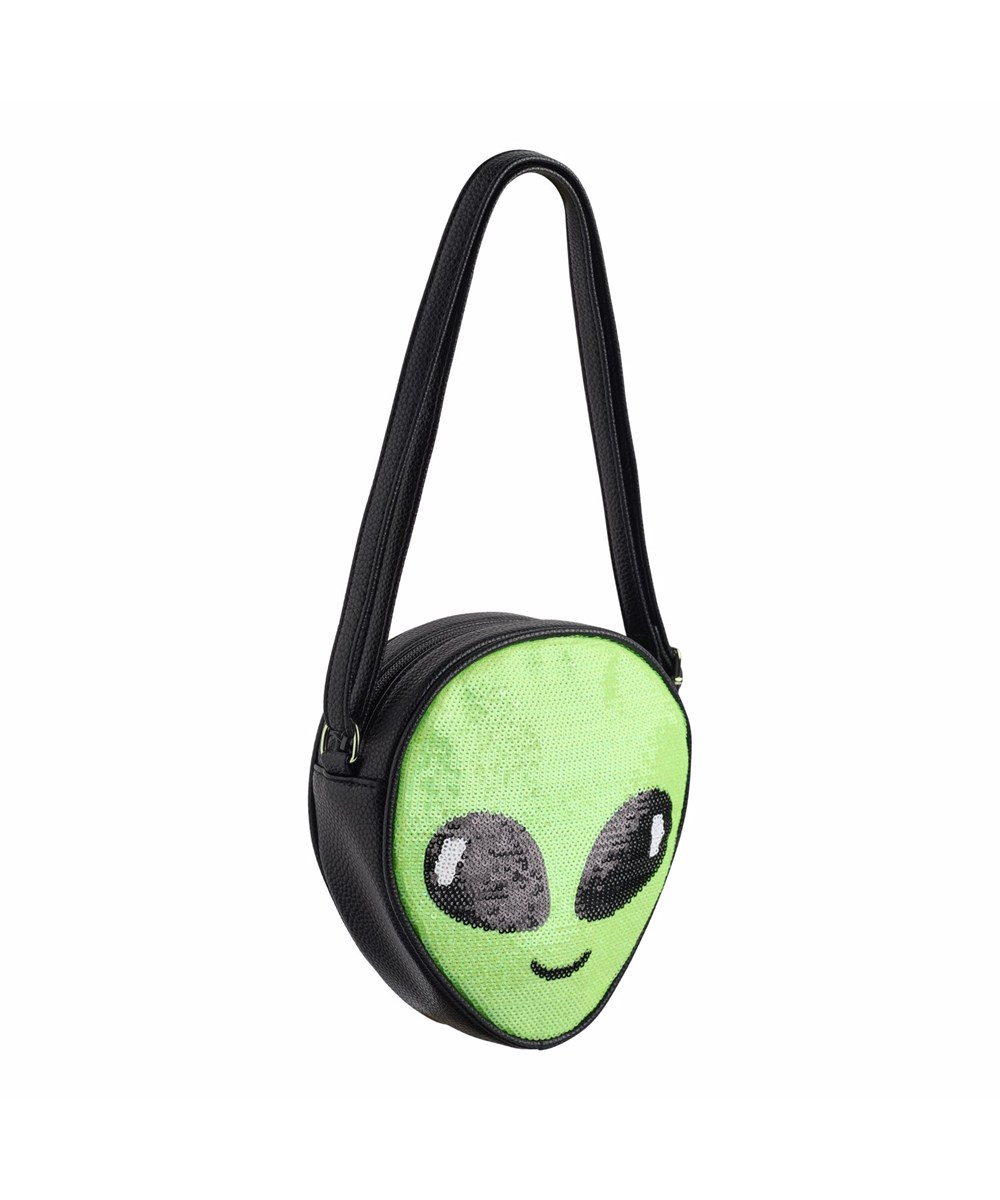 Alien Bag - Fluo Green - Leuke buitenaardse tas voor kinderen in het zwart met een vrolijke groene pailletten alien aan de voorkant.