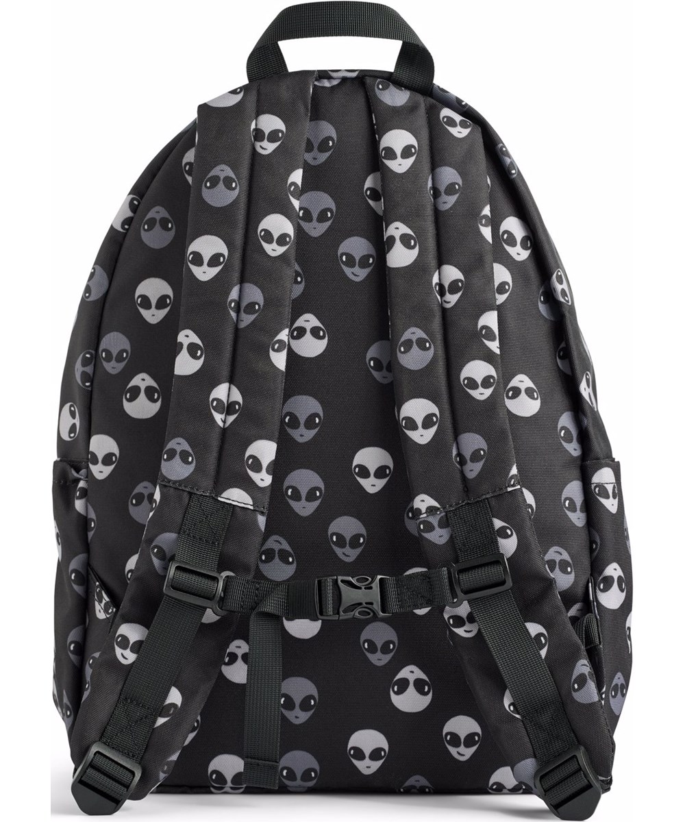 Backpack Mio - Friendly Being - Zwarte rugzak voor kinderen met een print van grijze aliens.