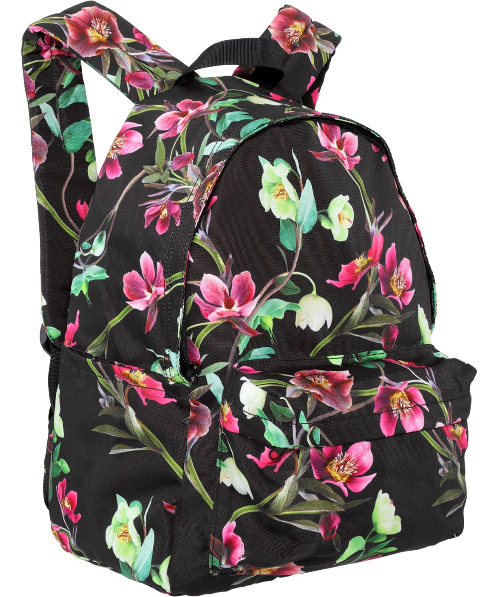 Backpack Mio - Hellebore Black - Ruime zwarte rugzak met bloemenprint, laptopvak en flessenvak.