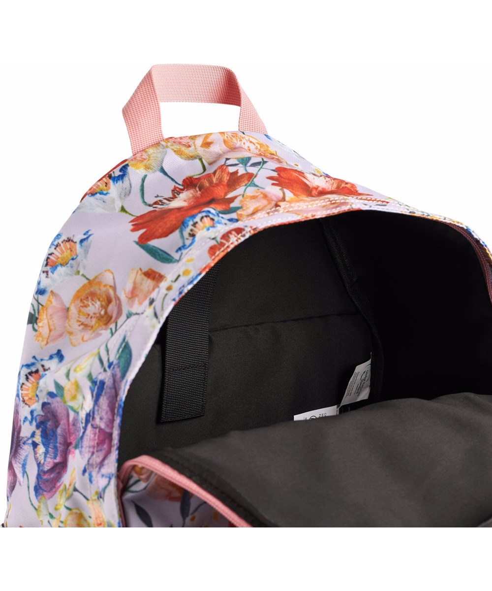 Backpack Mio - Paper Flowers - Lichtpaarse rugzak voor kinderen met een print van kleurrijke bloemen.