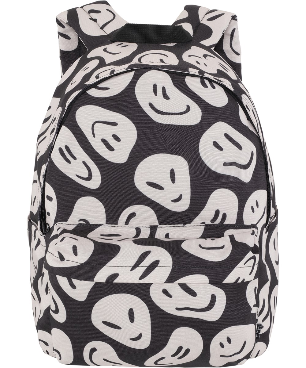 Backpack Mio - Smile On Black - Rugzak in het zwart met een print van verschillende witte smiley’s