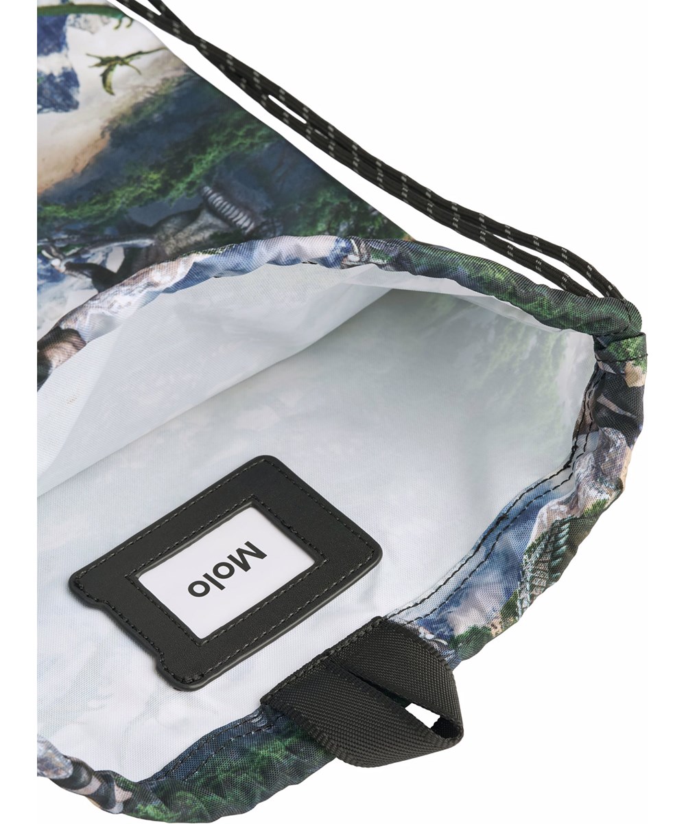 Gym Bag - Mountain Dino - Groen-grijze sporttas met print van dinosauriërslandschap gemaakt van duurzaam polyester met waterafstotende eigenschappen