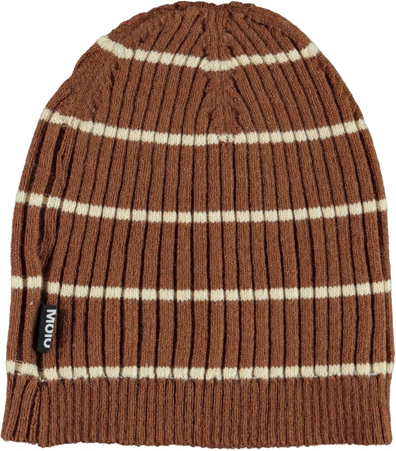 Nao - Tawny Stripe - Brown knit hat in rib with white stripes