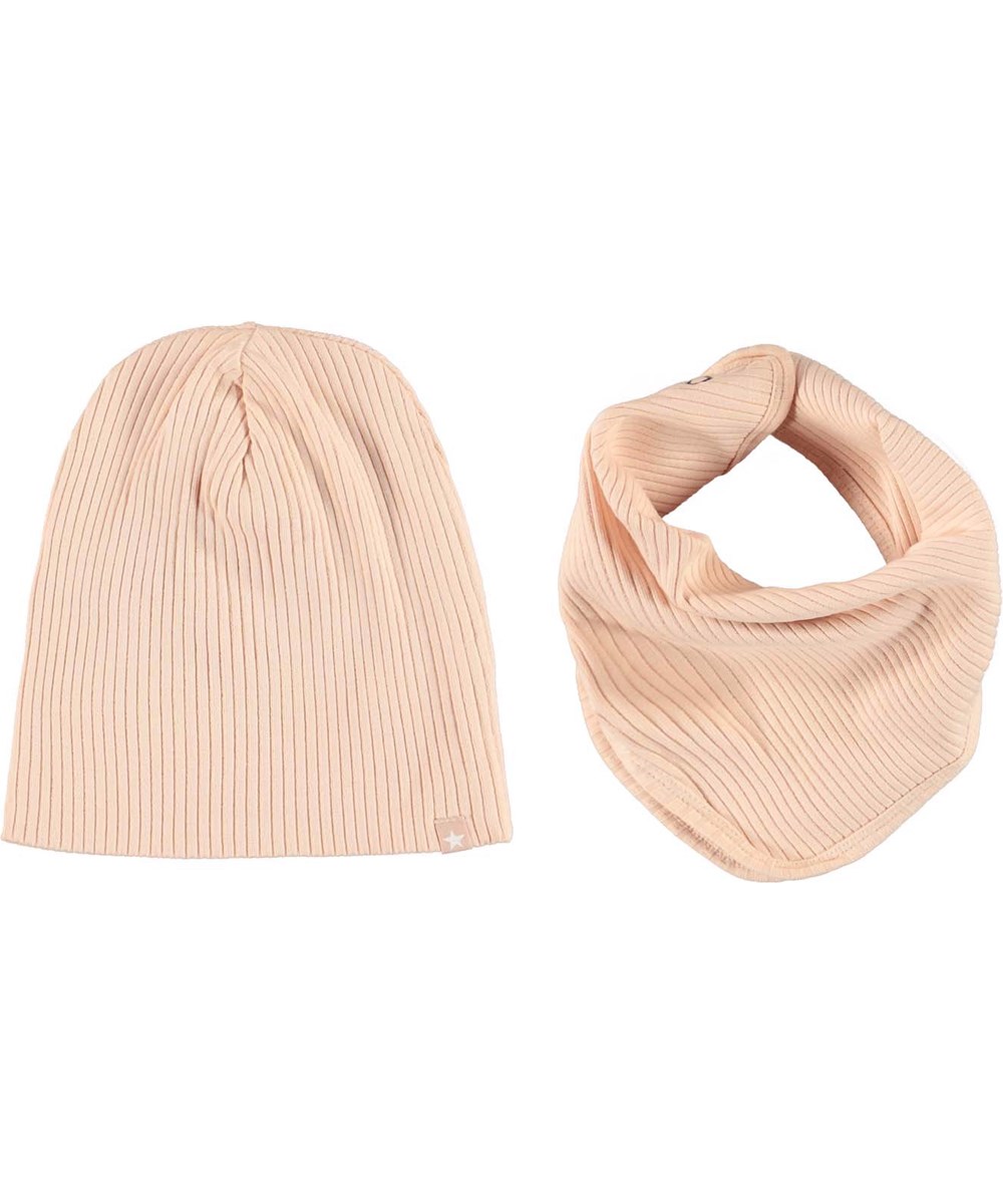 Neci hat and bib set - Fluffy Rose - Rose organic rib baby hat and bib 