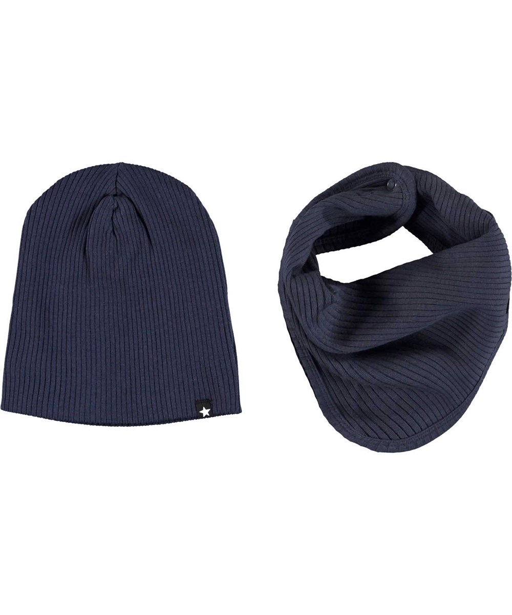 Neci hat and bib set - Galaxy Blue - Blue organic rib baby hat and bib