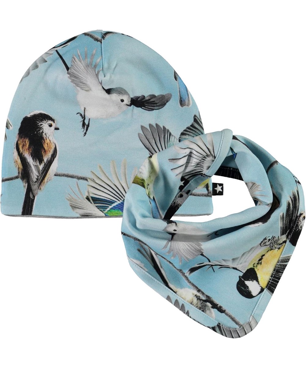 Ned Hat and Bib Set - Baby Birds - Baby hat and bib in light blue with print of small birds