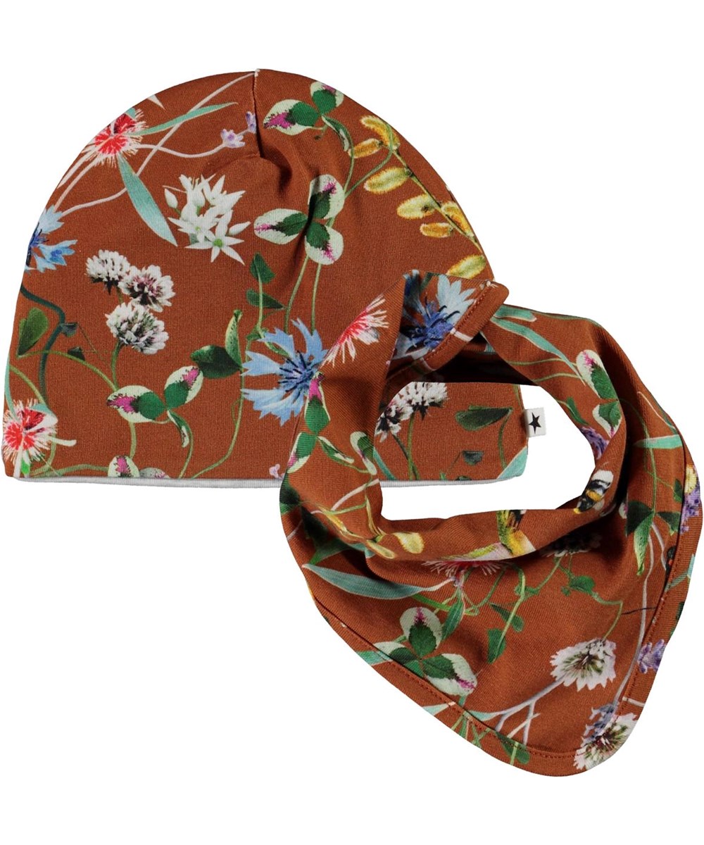 Ned Hat and Bib Set - Wildflowers - Brown baby hat and bib floral