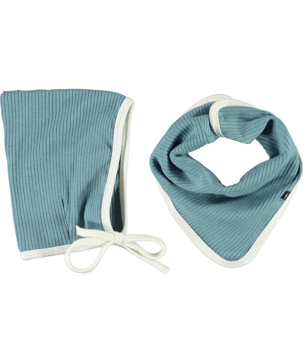 Nevada hat and bib set - Aero - Light blue baby hat and bib with white edge 