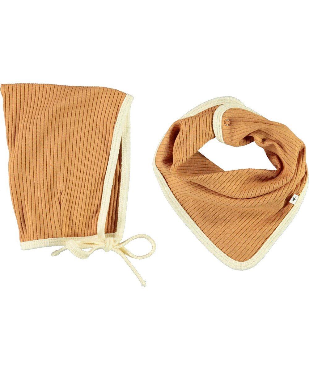 Nevada hat and bib set - Deer - Brown baby hat and bid with yellow edge 