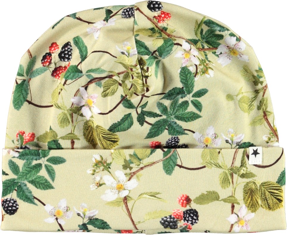 Nico - Bramble - Organic hat in light green with blackberry print 