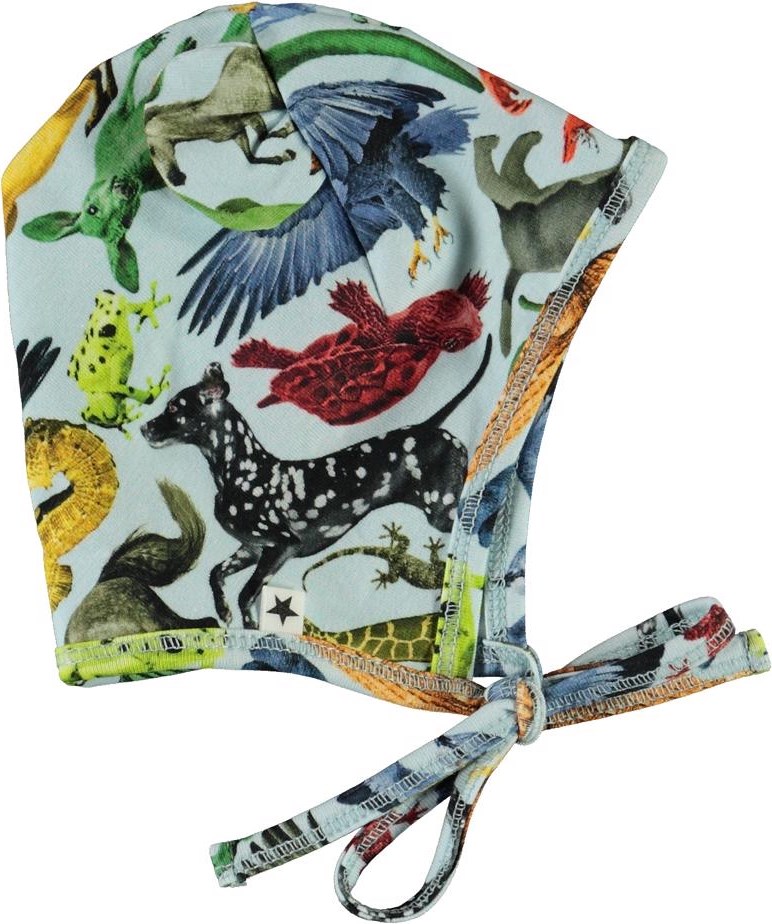 Nilo - Colourful Animals - Light blue, organic baby hat with ties