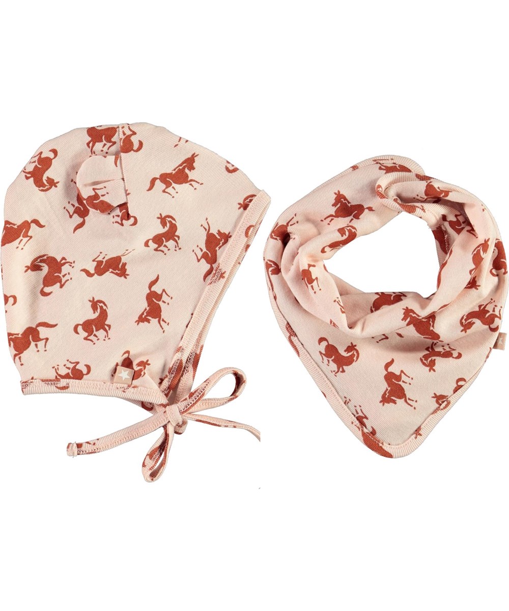Nilo Hat and Bib Set - Mini Horse Jersey - Pink baby hat and bib with horses