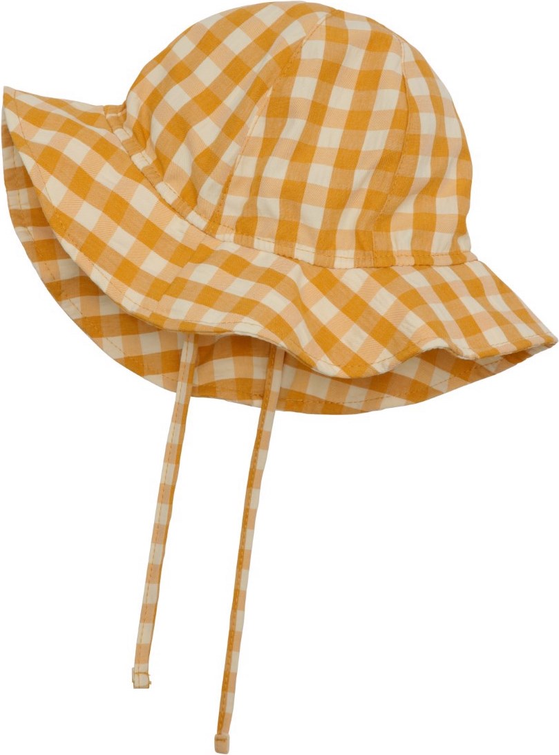 Noel - Honey Check - Yellow checkered sun hat in a lightweight, cotton blend weave with a wide brim and chin ties