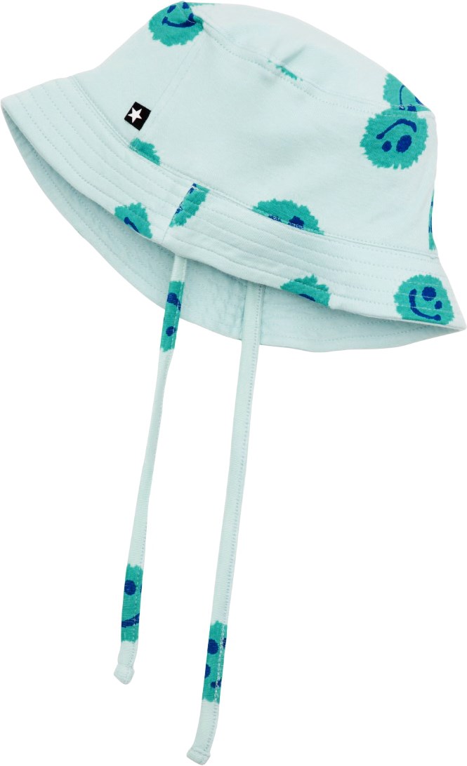 Nomly - Aquarelle Blobs - Light blue sun hat in soft, organic cotton with chin ties in an all over print of turquoise watercolour splashes with smiling faces 