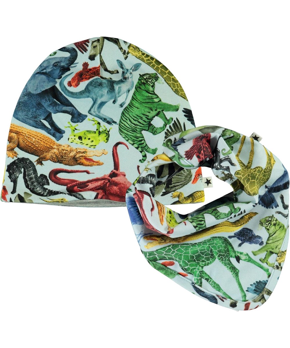 Noon Bib and Hat Set - Colourful Animals - Baby hat and bib with animal print 