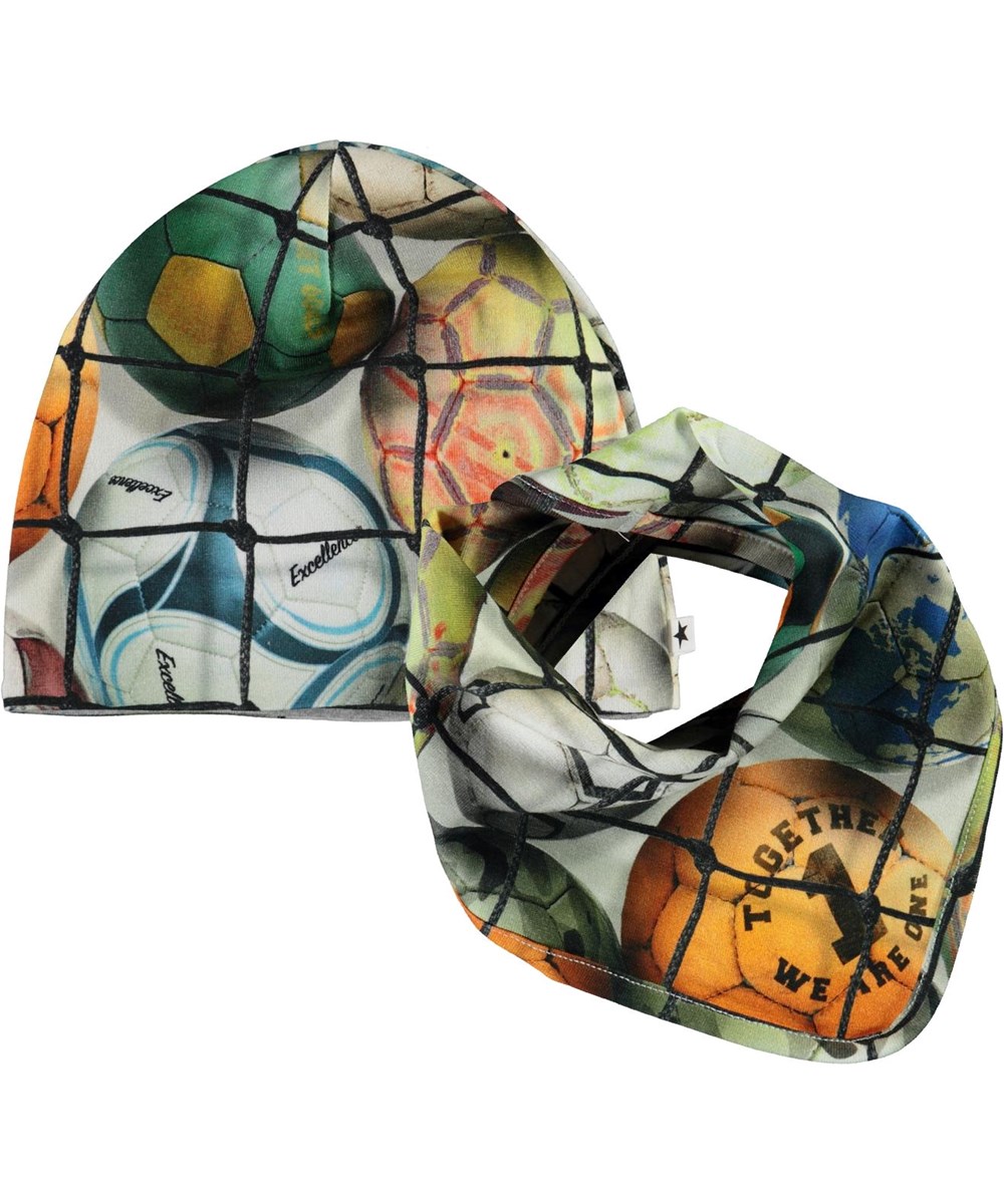 Noon Bib and Hat Set - Footballs - Baby hat and bib with football print 