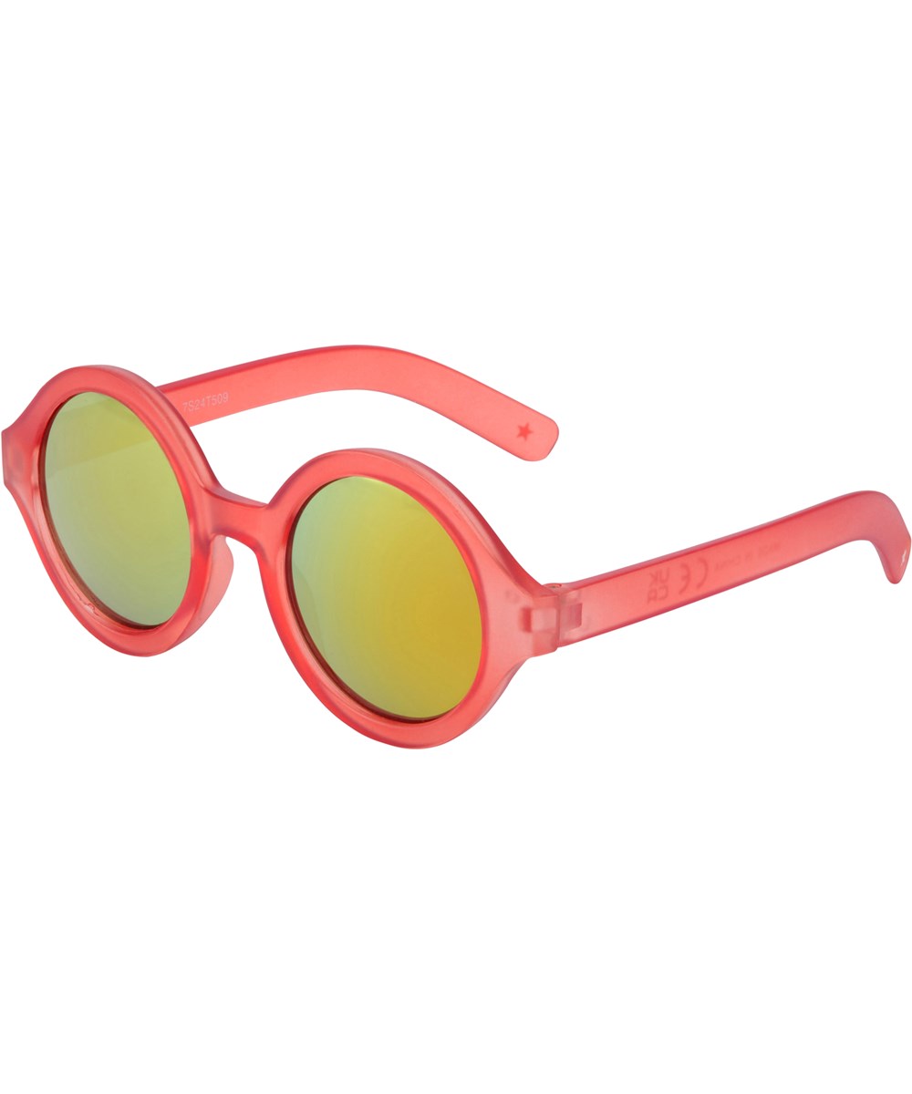 Shelby - Warm Coral - Round, coral coloured sunglasses with mirrored lenses