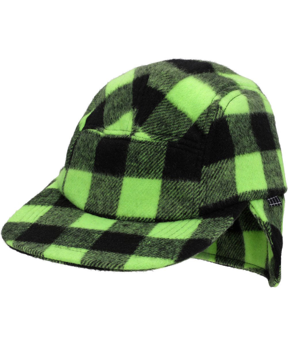 Sigge - Glowing Check - Green plaid cap with  extra fabric at back