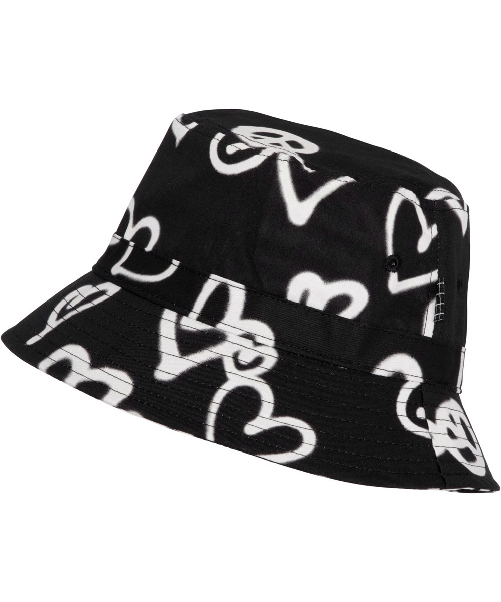 Siks - Sprayed Hearts - Black bucket hat with white heart and peace sign graffiti print