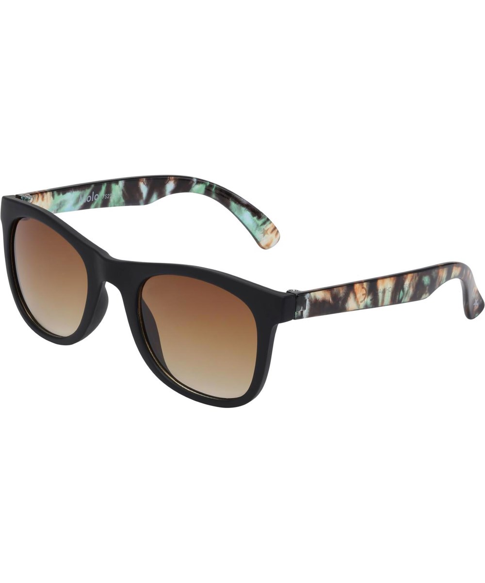 Smile - Tie Dye Swim - Black sunglasses with brown lenses and batik coloured temples.