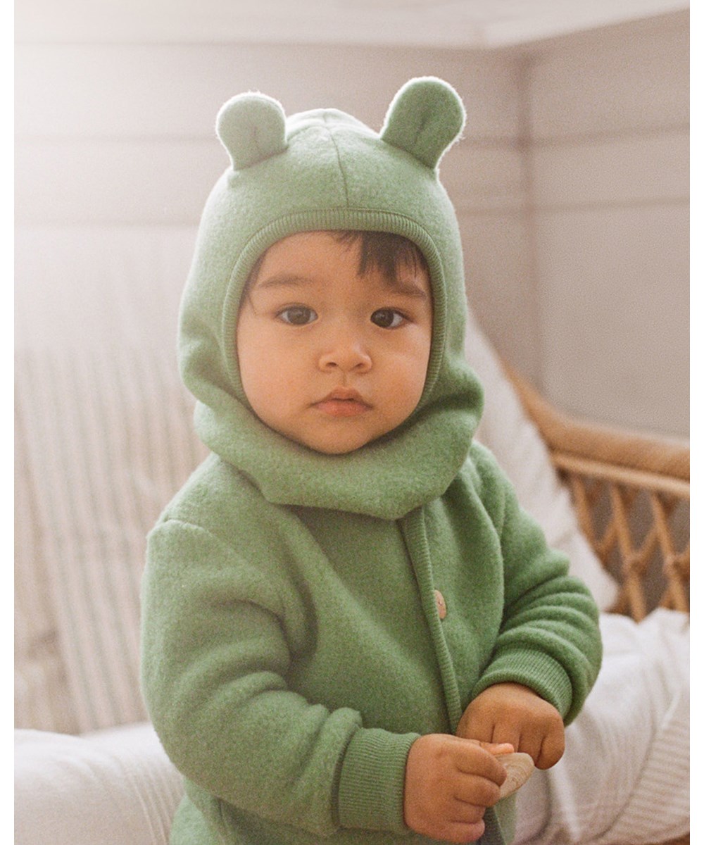 Urso - Moss Green - Green balaclava with small ears in 100% merino wool