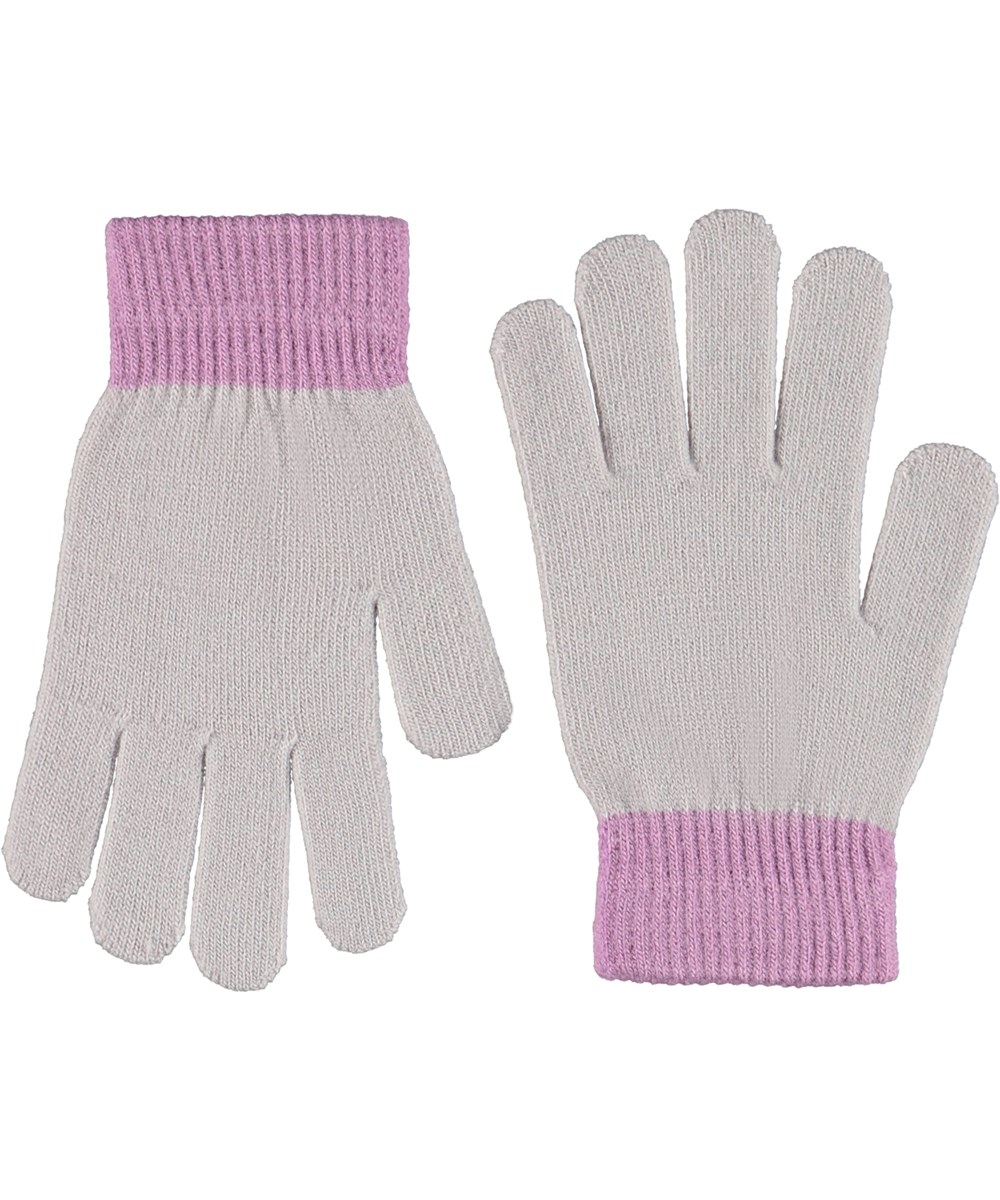 Kello - Rising Sun - 2er-Pack gestrickte Handschuhe für Kinder. Ein Paar ist grau und lila, während das andere Paar rot mit einem beigen lächelnden Gesicht ist.