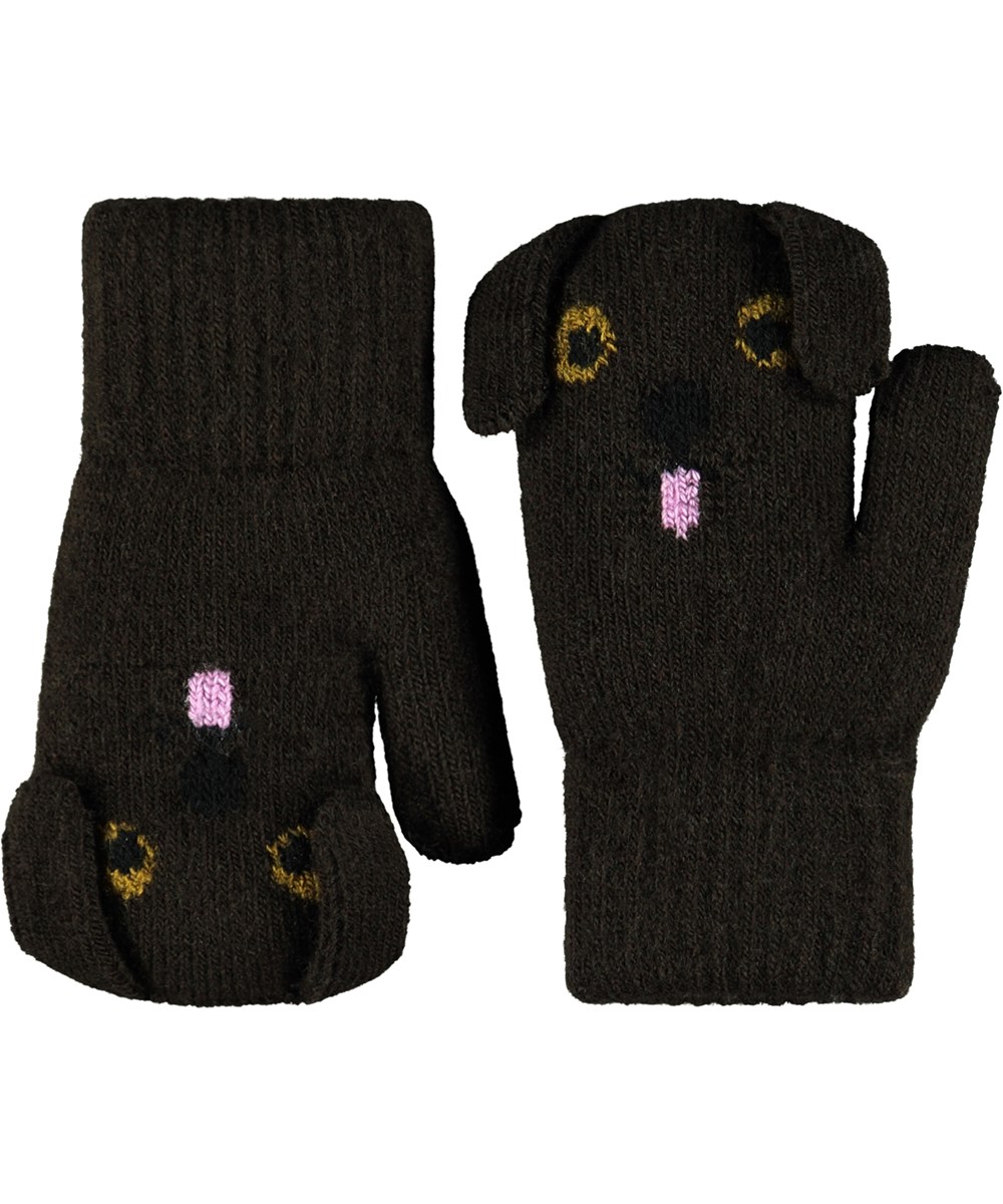 Kenau - Dark Cocoa - Dunkelbraune gestrickte Handschuhe für Kinder mit einem niedlichen Hundegesicht.