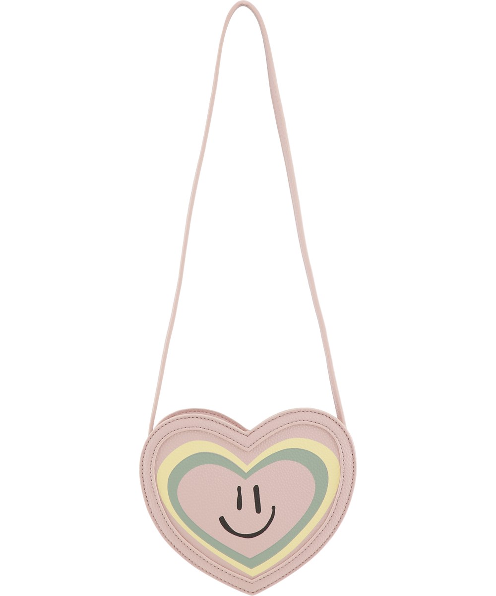 Aura Heart Bag - Petal Blush - Pink heart bag with smiley face on the front 
