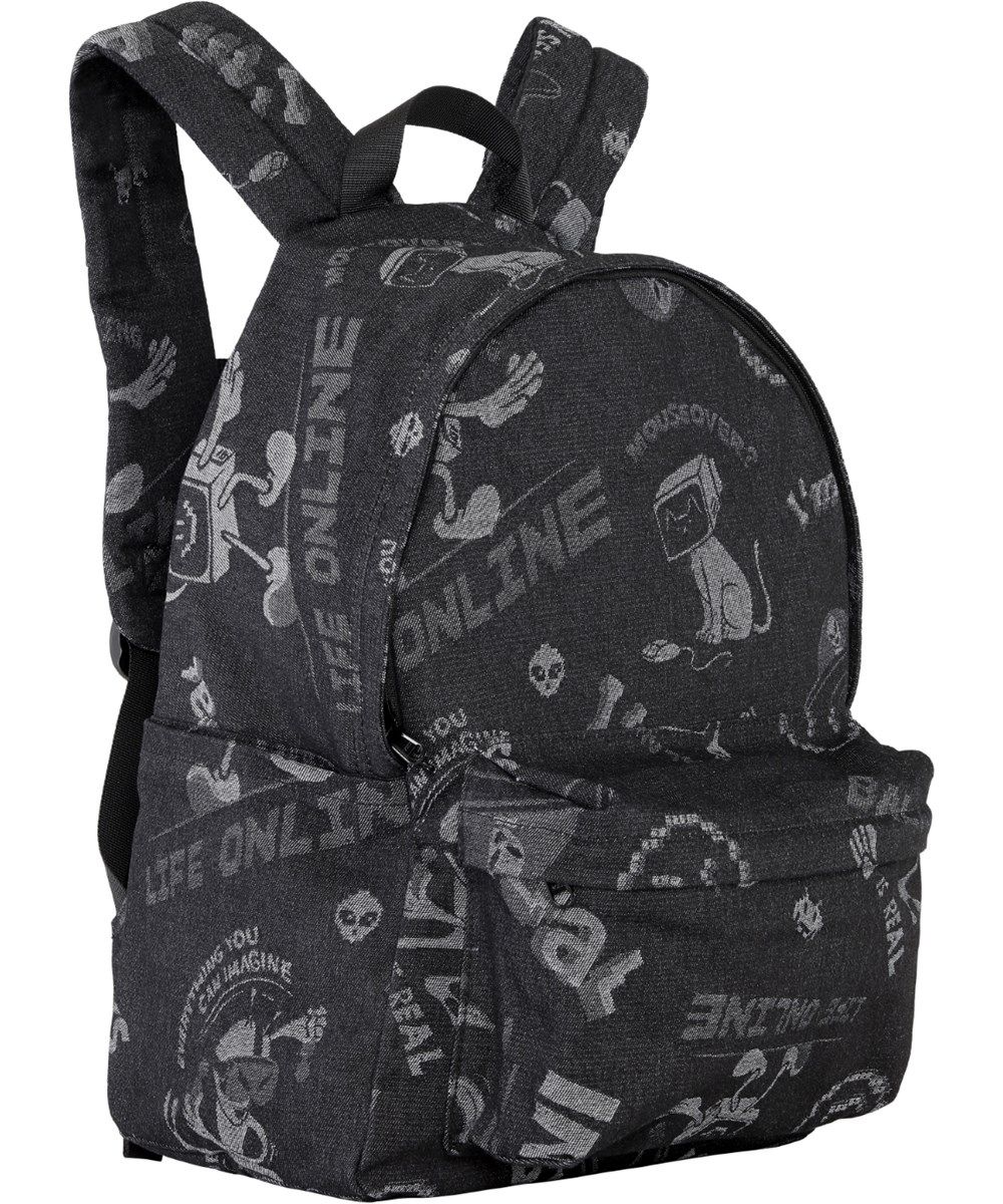 Backpack Mio - Comic Jacquard - Spacious black backpack with comic character pattern, laptop pocket, and multiple compartments.